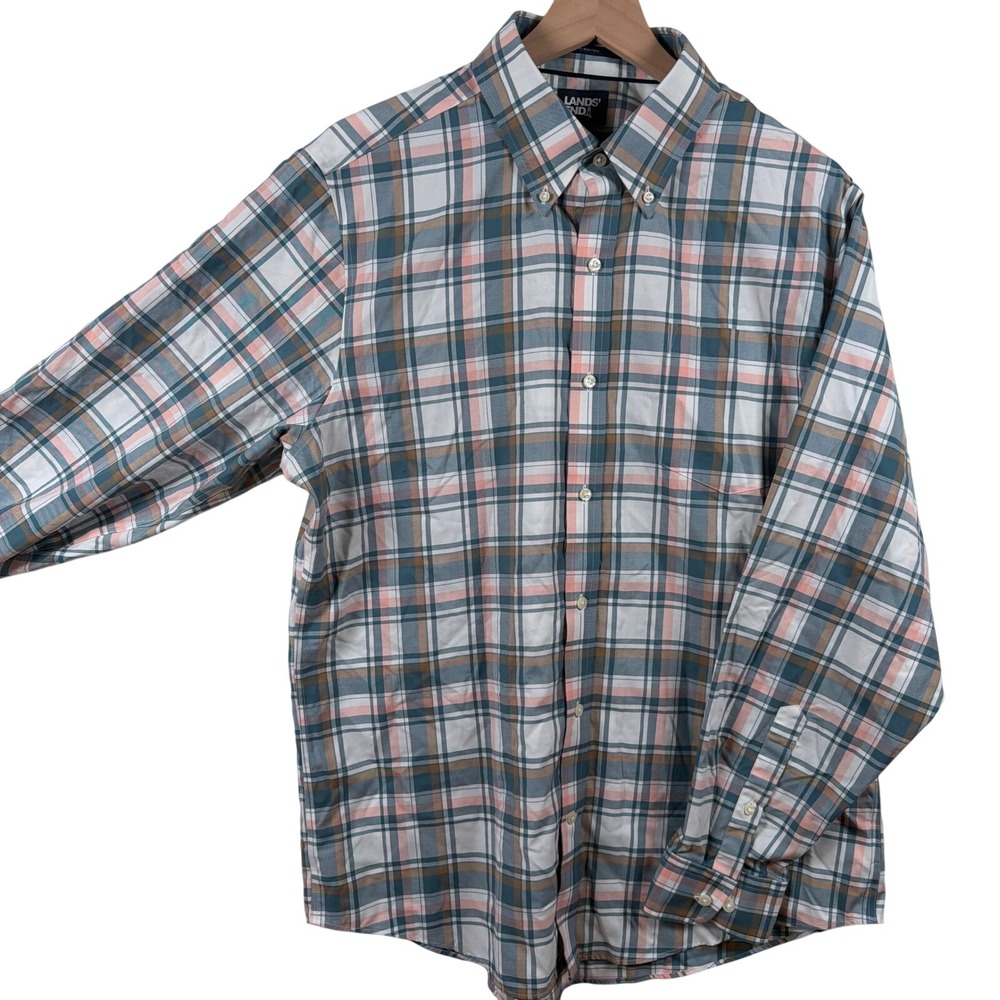Lands End No Iron Twill Plaid Shirt Mens Large 16-16.5 Traditional Fit Blue Pink
